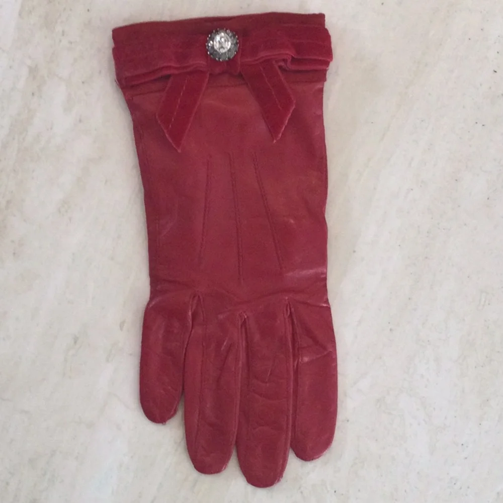Vintage Coach Red Leather Gloves Silk Lining Women Size 8 Velvet Trim Rhinestone